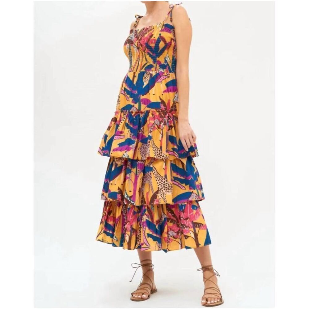 NEW Oliphant Tie Strap Tiered Midi Dress Small Yellow Saffron Tropical Smocked